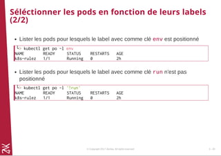 Séléctionner les pods en fonction de leurs labels
(2/2)
Lister les pods pour lesquels le label avec comme clé env est positionné
└> kubectl get po -l env
NAME READY STATUS RESTARTS AGE
k8s-rulez 1/1 Running 0 2h
Lister les pods pour lesquels le label avec comme clé run n'est pas
positionné
└> kubectl get po -l '!run'
NAME READY STATUS RESTARTS AGE
k8s-rulez 1/1 Running 0 2h
© Copyright 2017 Zenika. All rights reserved 3 - 20
 