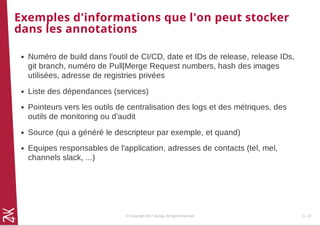 Exemples d'informations que l'on peut stocker
dans les annotations
Numéro de build dans l'outil de CI/CD, date et IDs de release, release IDs,
git branch, numéro de Pull|Merge Request numbers, hash des images
utilisées, adresse de registries privées
Liste des dépendances (services)
Pointeurs vers les outils de centralisation des logs et des métriques, des
outils de monitoring ou d'audit
Source (qui a généré le descripteur par exemple, et quand)
Equipes responsables de l'application, adresses de contacts (tel, mel,
channels slack, ...)
© Copyright 2017 Zenika. All rights reserved 3 - 22
 