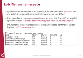 Spéciﬁer un namespace
Quand aucun namespace n'est spécifié, c'est le namespace default qui
est utilisé (il est possible de modifier le namespace par défaut)
Pour spécifier le namespace dans lequel un objet doit être créé ou requêté,
spécifier l'option --namespace=<namespace> ou -n <namespace>
Pour afficher toutes les ressources, tous namespaces confondus, utiliser
l'option --all-namespaces
└> kubectl get po --namespace kube-system
NAME READY STATUS RESTARTS AGE
heapster-44042 1/1 Running 0 2d
influxdb-grafana-mp6g0 2/2 Running 0 2d
kube-addon-manager-minikube 1/1 Running 0 2d
kube-dns-1326421443-h9rk4 3/3 Running 0 2d
kubernetes-dashboard-xcw0r 1/1 Running 0 2d
© Copyright 2017 Zenika. All rights reserved 3 - 24
 