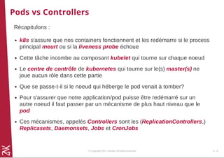 Pods vs Controllers
Récapitulons :
k8s s'assure que nos containers fonctionnent et les redémarre si le process
principal meurt ou si la liveness probe échoue
Cette tâche incombe au composant kubelet qui tourne sur chaque noeud
Le centre de contrôle de kubernetes qui tourne sur le(s) master(s) ne
joue aucun rôle dans cette partie
Que se passe-t-il si le noeud qui héberge le pod venait à tomber?
Pour s'assurer que notre application/pod puisse être redémarré sur un
autre noeud il faut passer par un mécanisme de plus haut niveau que le
pod
Ces mécanismes, appelés Controllers sont les (ReplicationControllers,)
Replicasets, Daemonsets, Jobs et CronJobs
© Copyright 2017 Zenika. All rights reserved 4 - 6
 