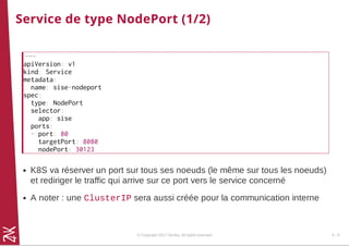 Service de type NodePort (1/2)
---
apiVersion: v1
kind: Service
metadata:
name: sise-nodeport
spec:
type: NodePort
selector:
app: sise
ports:
- port: 80
targetPort: 8080
nodePort: 30123
K8S va réserver un port sur tous ses noeuds (le même sur tous les noeuds)
et rediriger le traffic qui arrive sur ce port vers le service concerné
A noter : une ClusterIP sera aussi créée pour la communication interne
© Copyright 2017 Zenika. All rights reserved 5 - 9
 