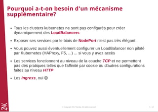 Pourquoi a-t-on besoin d'un mécanisme
supplémentaire?
Tous les clusters kubernetes ne sont pas configurés pour créer
dynamiquement des LoadBalancers
Exposer ses services par le biais de NodePort n'est pas très élégant
Vous pouvez aussi éventuellement configurer un LoadBalancer non piloté
par Kubernetes (HAProxy, F5, ...) ... si vous y avez accès
Les services fonctionnent au niveau de la couche TCP et ne permettent
pas des pratiques telles que l'affinité par cookie ou d'autres configurations
faites au niveau HTTP
Les Ingress, oui 
© Copyright 2017 Zenika. All rights reserved 5 - 13
 