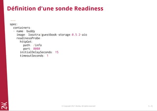 Déﬁnition d'une sonde Readiness
---
spec:
containers:
- name: buddy
image: looztra/guestbook-storage:0.5.2-aio
readinessProbe:
httpGet:
path: /info
port: 8080
initialDelaySeconds: 15
timeoutSeconds: 1
© Copyright 2017 Zenika. All rights reserved 5 - 21
 