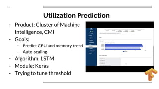 Utilization Prediction
- Product: Cluster of Machine
Intelligence, CMI
- Goals:
- Predict CPU and memory trend
- Auto-scaling
- Algorithm: LSTM
- Module: Keras
- Trying to tune threshold
 