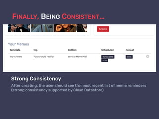 FINALLY, BEING CONSISTENT…
Strong Consistency
After creating, the user should see the most recent list of meme reminders  
(strong consistency supported by Cloud Datastore)
 