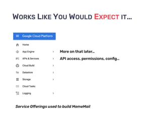 WORKS LIKE YOU WOULD EXPECT IT…
Service Oﬀerings used to build MemeMail
More on that later…
API access, permissions, conﬁg…
 