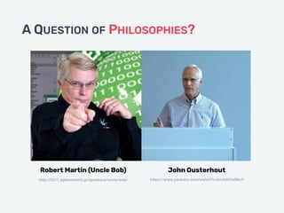 A QUESTION OF PHILOSOPHIES?
John Ousterhout
https://www.youtube.com/watch?v=bmSAYlu0NcY
Robert Martin (Uncle Bob)
http://2017.agilesummit.gr/speakers/uncle-bob/
 