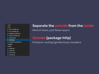Separate the outside from the inside
Kind of onion, just fewer layers
Outside (package http)
Protocol, routing (gorilla/mux), handlers
 
