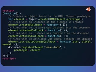 <script> 
(function() { 
// Creates an object based in the HTML Element prototype 
var element = Object.create(HTMLElement.prototype); 
// Fires when an instance of the element is created 
element.createdCallback = function() {}; 
// Fires when an instance was inserted into the document 
element.attachedCallback = function() {}; 
// Fires when an instance was removed from the document 
element.detachedCallback = function() {}; 
// Fires when an attribute was added, removed, or updated 
element.attributeChangedCallback = function(attr, oldVal, 
newVal) {}; 
document.registerElement('menu-tabs', { 
prototype: element 
}); 
}()); 
</script> 
 