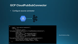 GCP CloudPubSubConnector
• Configure source connector
{
"name": "cps-source-connector1",
"config": {
"connector.class":
"com.google.pubsub.kafka.source.CloudPubSubSourceConnector",
"tasks.max": "1",
"kafka.topic": "iot-processed-topic",
"cps.subscription": "subscription2",
"cps.project": "app-project-294009",
"value.converter":
"org.apache.kafka.connect.converters.ByteArrayConverter",
"key.converter.schemas.enable": false,
"value.converter.schemas.enable": false
}
}
Cloud Pub/Sub configs
 