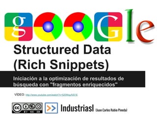 Structured Data
(Rich Snippets)
Iniciación a la optimización de resultados de
búsqueda con "fragmentos enriquecidos"
IndustriasI S.L. (Juan Carlos Rubio Pineda)
 