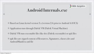 Android Internals.exe
Based on Linux kernel version 3.x (version 2.6 prior to Android 4.0 ICS)
Application runs through Dalvik VM (Dalvik Virtual Machine)
Dalvik VM runs executable files like dex (Dalvik executable) or apk files
apk files are zipped content of Resources, Signatures, classes.dex and
AndroidManifest.xml file
Monday, 23 September 13
 