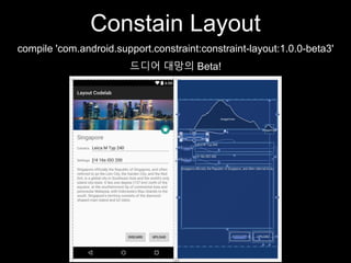 Constain Layout
compile 'com.android.support.constraint:constraint-layout:1.0.0-beta3'
드디어 대망의 Beta!
 