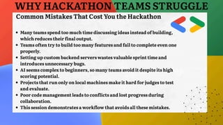 Many teams spend too much time discussing ideas instead of building,
which reduces their final output.
Teams often try to build too many features and fail to complete even one
properly.
Setting up custom backend servers wastes valuable sprint time and
introduces unnecessary bugs.
AI seems complex to beginners, so many teams avoid it despite its high
scoring potential.
Projects that run only on local machines make it hard for judges to test
and evaluate.
Poor code management leads to conflicts and lost progress during
collaboration.
This session demonstrates a workflow that avoids all these mistakes.
WHY HACKATHON TEAMS STRUGGLE
Common Mistakes That Cost You the Hackathon
 