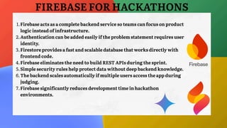 FIREBASE FOR HACKATHONS
1.Firebase acts as a complete backend service so teams can focus on product
logic instead of infrastructure.
2.Authentication can be added easily if the problem statement requires user
identity.
3.Firestore provides a fast and scalable database that works directly with
frontend code.
4.Firebase eliminates the need to build REST APIs during the sprint.
5.Simple security rules help protect data without deep backend knowledge.
6.The backend scales automatically if multiple users access the app during
judging.
7.Firebase significantly reduces development time in hackathon
environments.
 