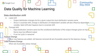 Data Quality for Machine Learning
Data distribution shift
● Label shift
○ Output distribution changes but for a given output the input distribution remains same
○ Since in covariate shift, change in distribution of independent variable will also influence dependent
variable, label shift also happens due to covariate shift
● Concept drift
○ Input distribution remains same but the conditional distribution of the output changes given an input.
Same input but different output
○ It can be cyclic or seasonal
Feature Change
When new features are added, old features removed all set of possible values for the features change
Label Schema Change
When set of possible values change
 