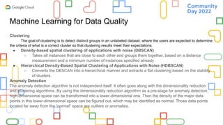 Machine Learning for Data Quality
Clustering
The goal of clustering is to detect distinct groups in an unlabeled dataset, where the users are expected to determine
the criteria of what is a correct cluster so that clustering results meet their expectations.
● Density-based spatial clustering of applications with noise (DBSCAN)
○ Takes all instances that are close to each other and groups them together, based on a distance
measurement and a minimum number of instances specified already
● Hierarchical Density-Based Spatial Clustering of Applications with Noise (HDBSCAN)
○ Converts the DBSCAN into a hierarchical manner and extracts a flat clustering based on the stability
of clusters.
Anomaly Detection
The anomaly detection algorithm is not independent itself. It often goes along with the dimensionality reduction
and clustering algorithms. By using the dimensionality reduction algorithm as a pre-stage for anomaly detection,
high-dimensional space can be transformed into a lower-dimensional one. Then the density of the major data
points in this lower-dimensional space can be figured out, which may be identified as normal. Those data points
located far away from the “normal” space are outliers or anomalies.
 