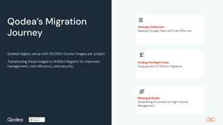 Qodea’s Migration
Journey
Qodea’s legacy setup with 30,000+ Docker images per project.
Transitioning these images to Artifact Registry for improved
management, cost efﬁciency, and security.
Moving at Scale:
Establishing Processes for High-Volume
Management
Garbage Collection:
Keeping Storage Clean and Cost-Effective
Finding the Right Tools:
Using gcrane for Efﬁcient Migration
 