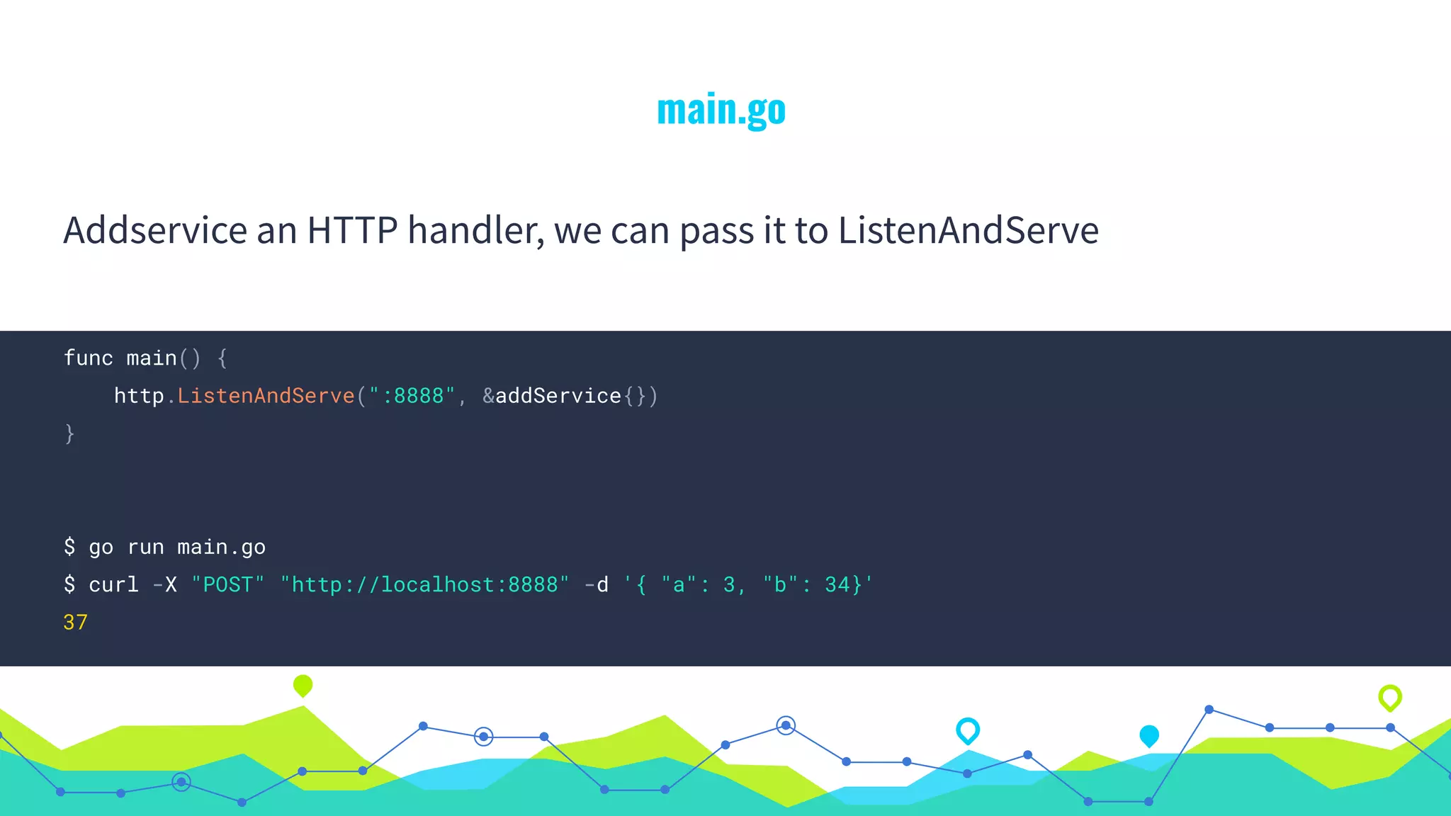 main.go
func main() {
http.ListenAndServe(":8888", &addService{})
}
$ go run main.go
$ curl -X "POST" "http://localhost:8888" -d '{ "a": 3, "b": 34}'
37
Addservice an HTTP handler, we can pass it to ListenAndServe
 