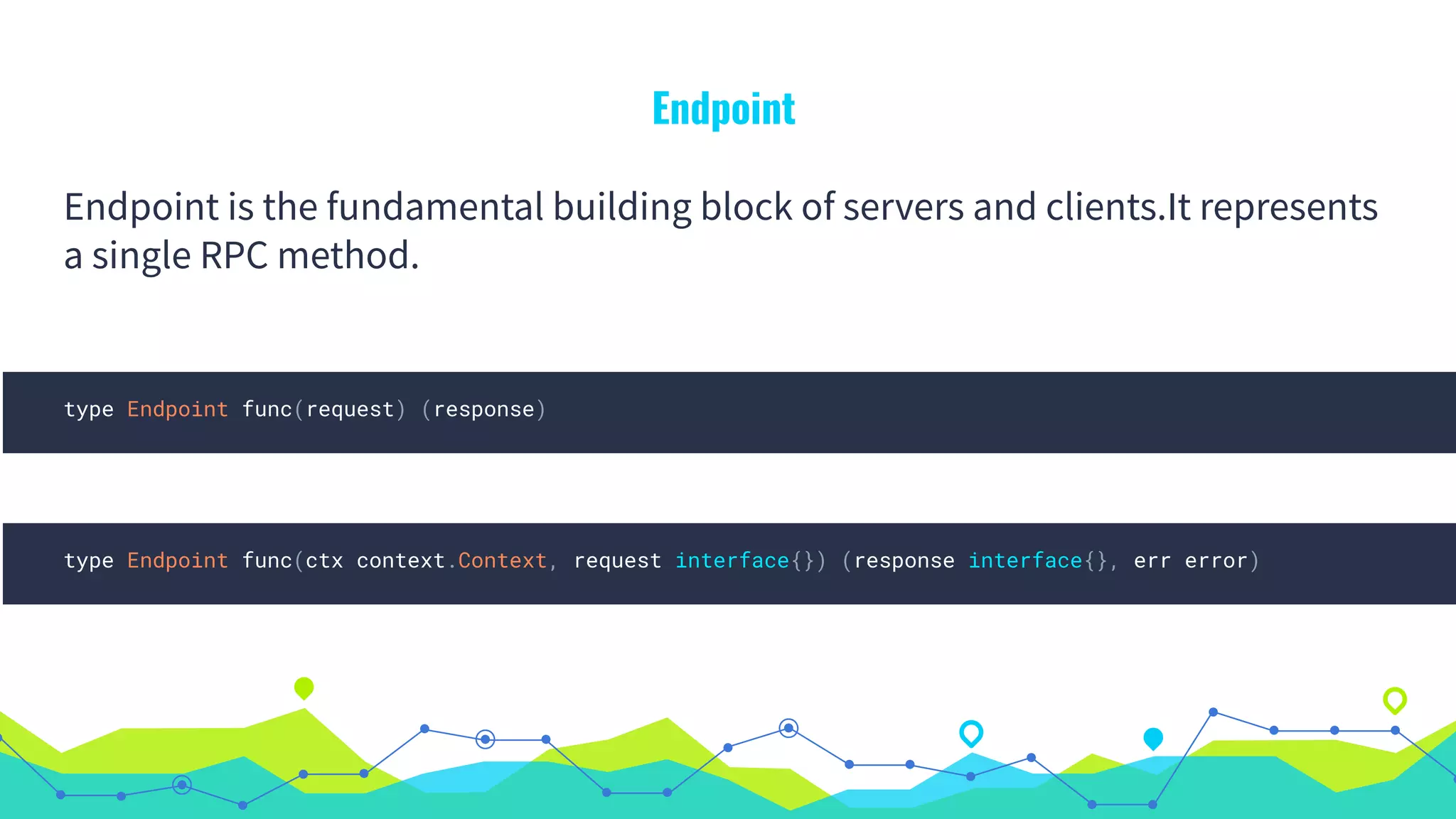 Endpoint
Endpoint is the fundamental building block of servers and clients.It represents
a single RPC method.
type Endpoint func(request) (response)
type Endpoint func(ctx context.Context, request interface{}) (response interface{}, err error)
 