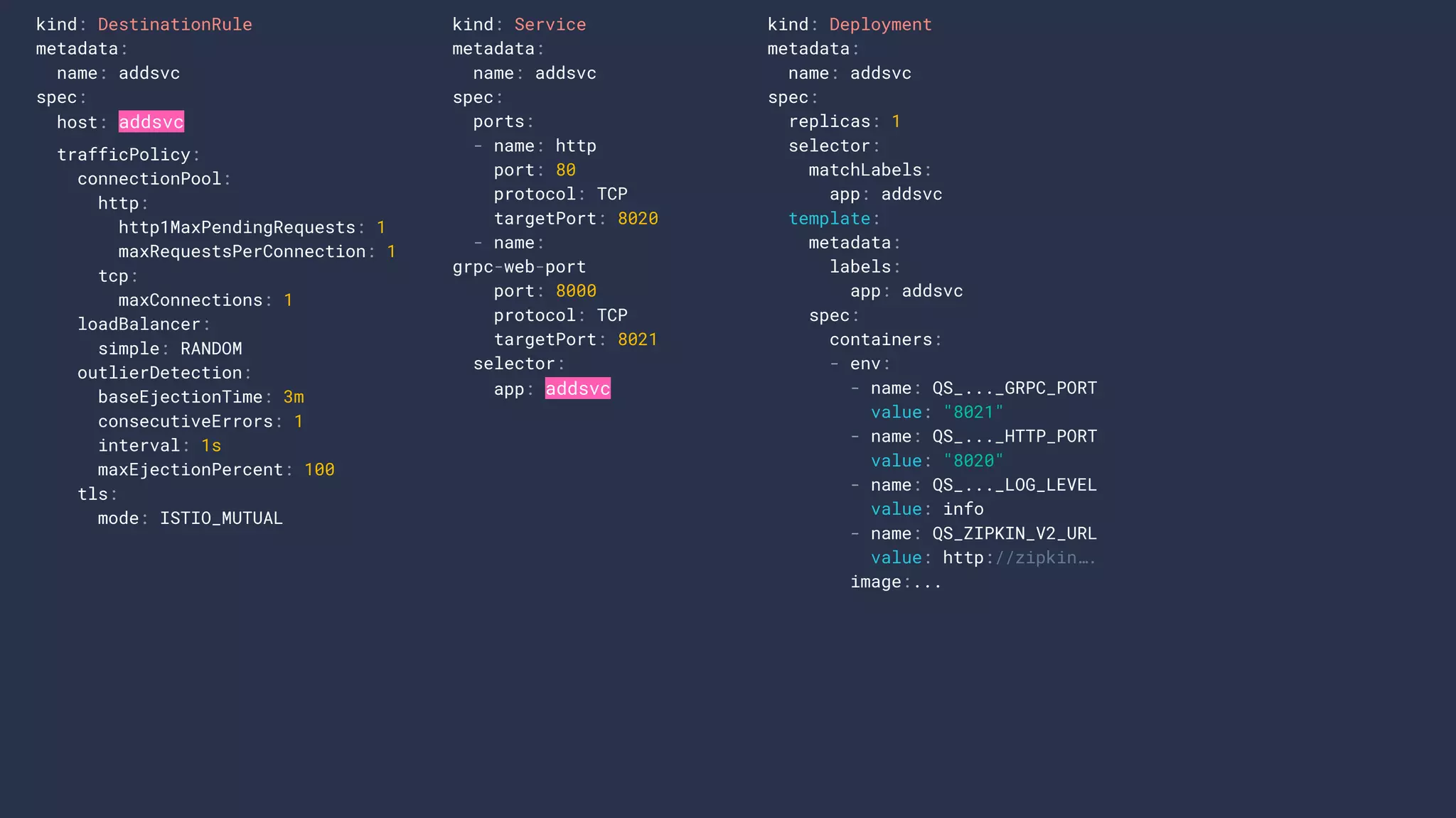 kind: DestinationRule
metadata:
name: addsvc
spec:
host: addsvc
trafficPolicy:
connectionPool:
http:
http1MaxPendingRequests: 1
maxRequestsPerConnection: 1
tcp:
maxConnections: 1
loadBalancer:
simple: RANDOM
outlierDetection:
baseEjectionTime: 3m
consecutiveErrors: 1
interval: 1s
maxEjectionPercent: 100
tls:
mode: ISTIO_MUTUAL
kind: Service
metadata:
name: addsvc
spec:
ports:
- name: http
port: 80
protocol: TCP
targetPort: 8020
- name:
grpc-web-port
port: 8000
protocol: TCP
targetPort: 8021
selector:
app: addsvc
kind: Deployment
metadata:
name: addsvc
spec:
replicas: 1
selector:
matchLabels:
app: addsvc
template:
metadata:
labels:
app: addsvc
spec:
containers:
- env:
- name: QS_..._GRPC_PORT
value: "8021"
- name: QS_..._HTTP_PORT
value: "8020"
- name: QS_..._LOG_LEVEL
value: info
- name: QS_ZIPKIN_V2_URL
value: http://zipkin….
image:...
 
