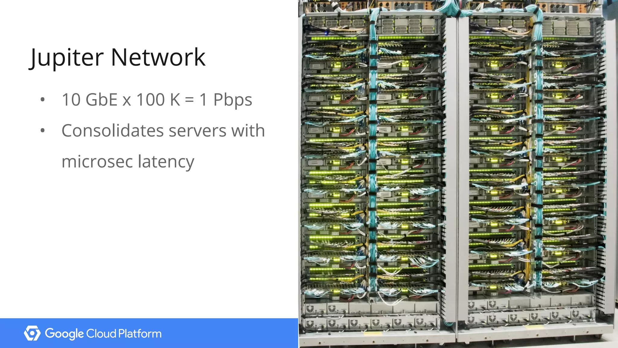 18@bretmcg
Jupiter Network
• 10 GbE x 100 K = 1 Pbps
• Consolidates servers with
microsec latency
 