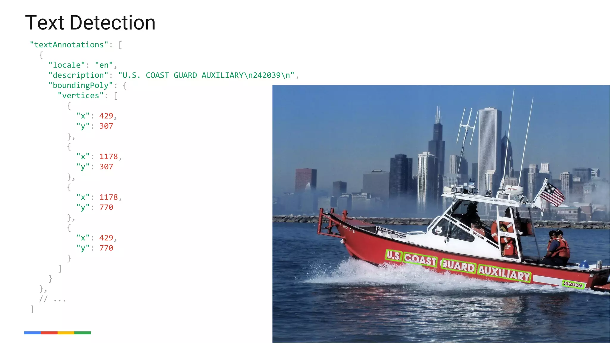50
"textAnnotations": [
{
"locale": "en",
"description": "U.S. COAST GUARD AUXILIARYn242039n",
"boundingPoly": {
"vertices": [
{
"x": 429,
"y": 307
},
{
"x": 1178,
"y": 307
},
{
"x": 1178,
"y": 770
},
{
"x": 429,
"y": 770
}
]
}
},
// ...
]
Text Detection
 