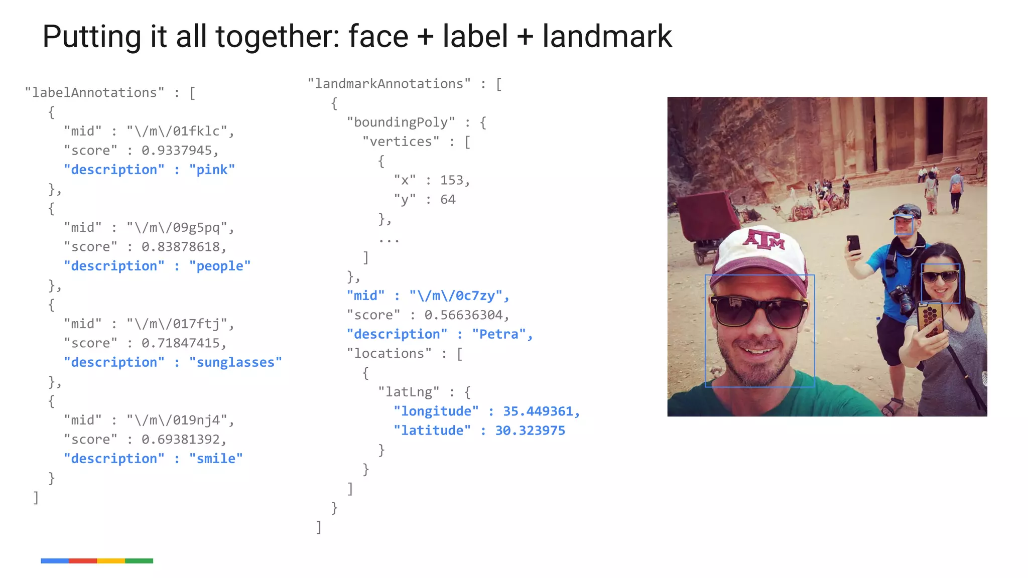 53
"labelAnnotations" : [
{
"mid" : "/m/01fklc",
"score" : 0.9337945,
"description" : "pink"
},
{
"mid" : "/m/09g5pq",
"score" : 0.83878618,
"description" : "people"
},
{
"mid" : "/m/017ftj",
"score" : 0.71847415,
"description" : "sunglasses"
},
{
"mid" : "/m/019nj4",
"score" : 0.69381392,
"description" : "smile"
}
]
Putting it all together: face + label + landmark
"landmarkAnnotations" : [
{
"boundingPoly" : {
"vertices" : [
{
"x" : 153,
"y" : 64
},
...
]
},
"mid" : "/m/0c7zy",
"score" : 0.56636304,
"description" : "Petra",
"locations" : [
{
"latLng" : {
"longitude" : 35.449361,
"latitude" : 30.323975
}
}
]
}
]
 