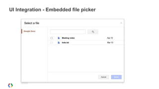 JS
Embedding the picker
google.setOnLoadCallback(createPicker);
google.load('picker', '1');
var view = new google.picker.V...