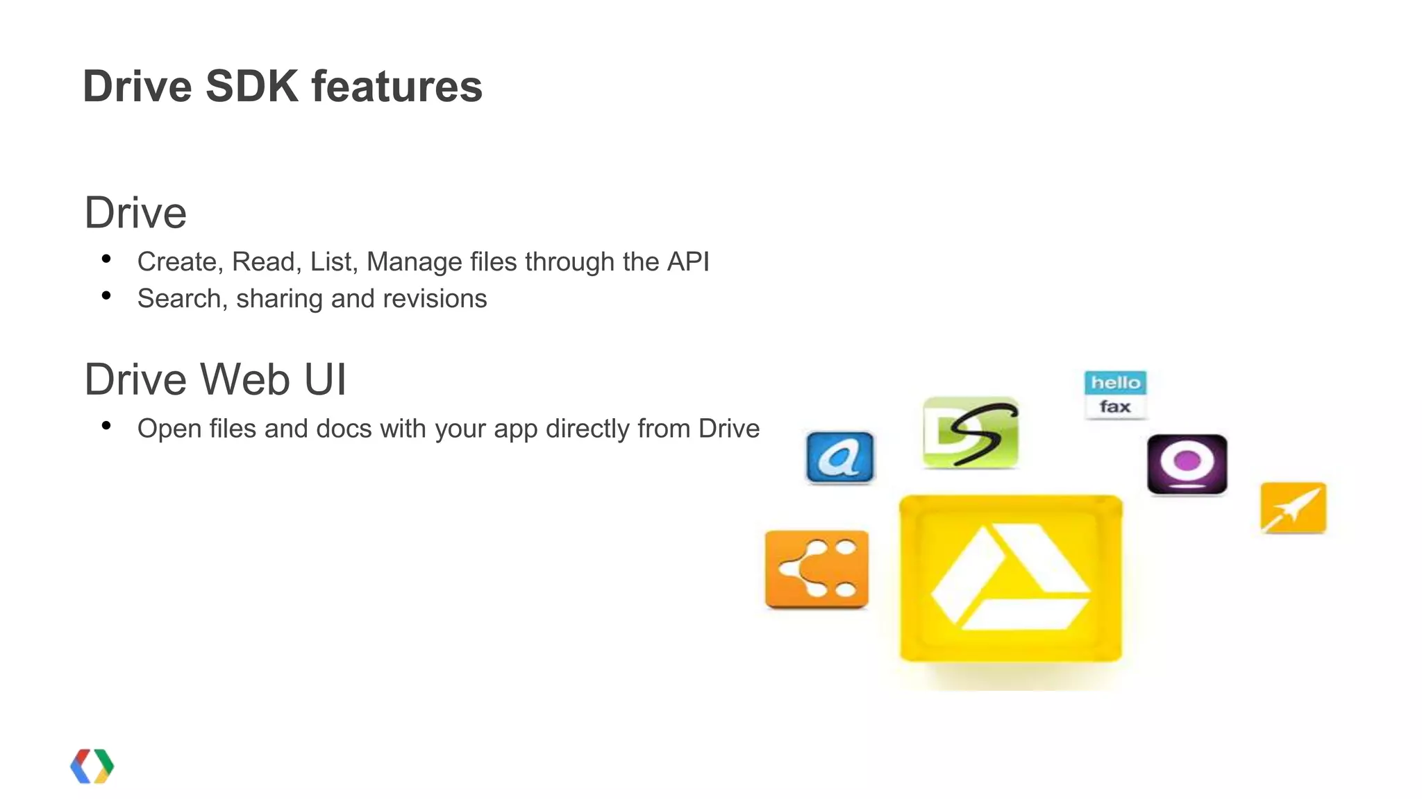 Drive SDK features

Drive
•
•

Create, Read, List, Manage files through the API
Search, sharing and revisions

Drive Web UI
•

Open files and docs with your app directly from Drive

 