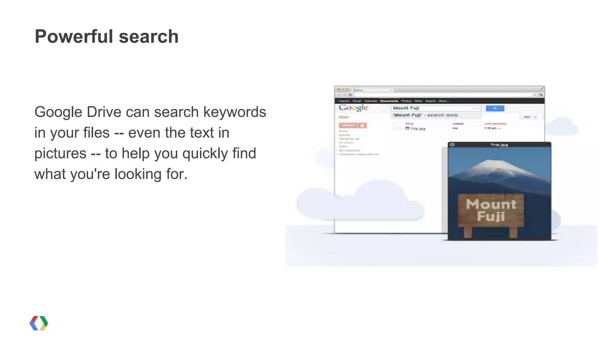 Powerful search

Google Drive can search keywords
in your files -- even the text in
pictures -- to help you quickly find
what you're looking for.

 