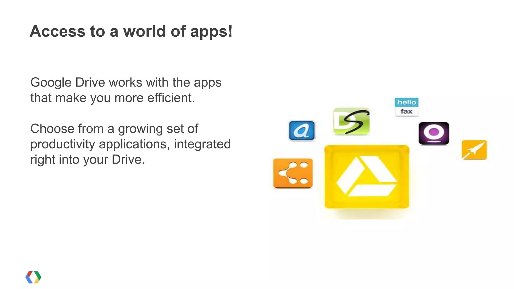 Access to a world of apps!
Google Drive works with the apps
that make you more efficient.
Choose from a growing set of
productivity applications, integrated
right into your Drive.

 