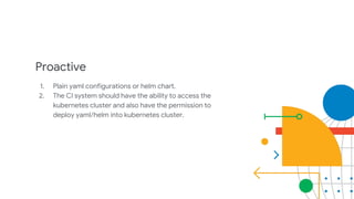 Proactive
1. Plain yaml configurations or helm chart.
2. The CI system should have the ability to access the
kubernetes cluster and also have the permission to
deploy yaml/helm into kubernetes cluster.
 