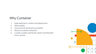 Why Container
1. Agile application creation and deployment
2. Observablitiy
3. Cloud and OS distribution portability
4. Resource isolation/utilization
5. Loosely coupled, distributed, elastic and liberated
micro-servies
 