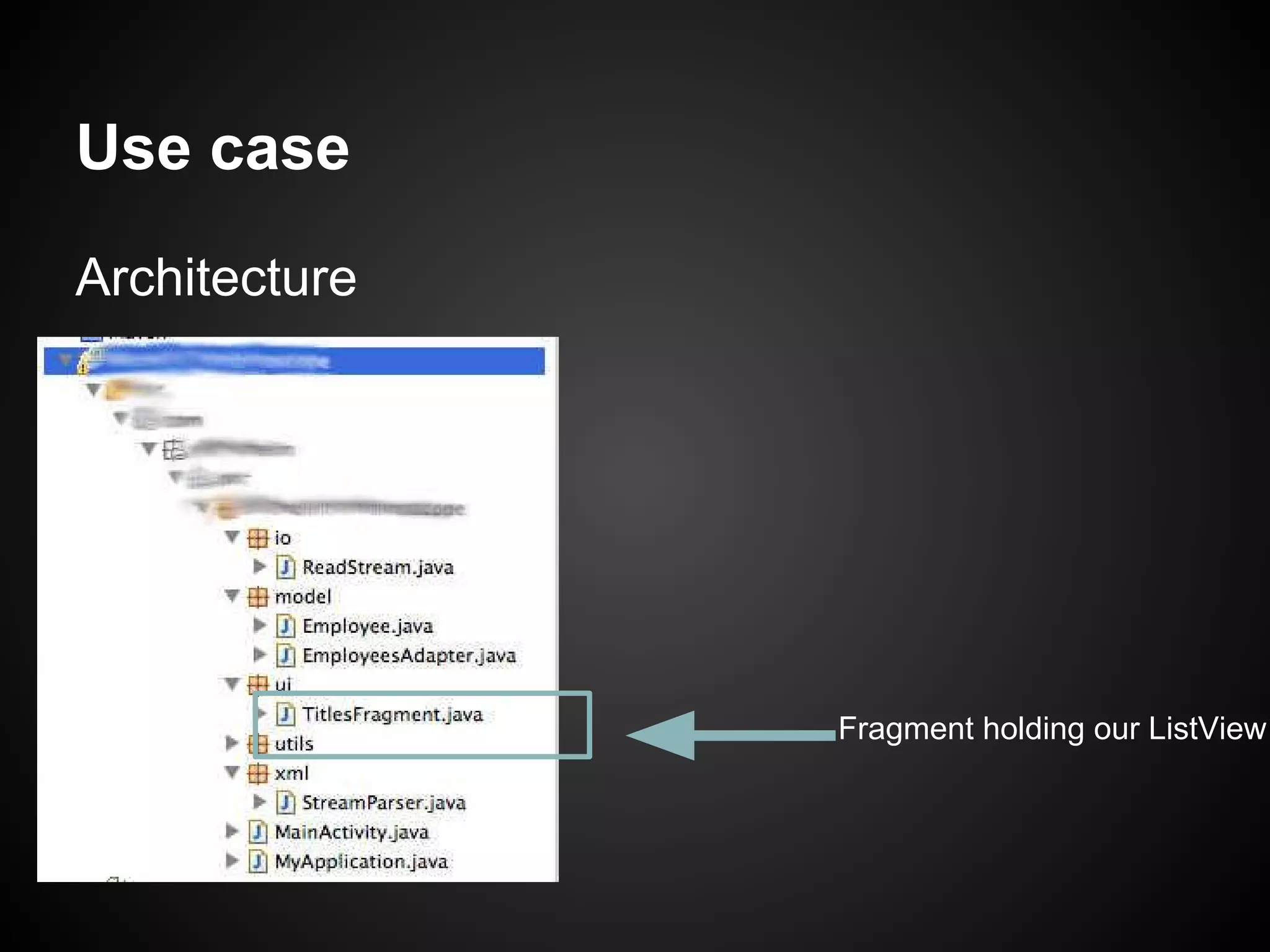 Use case
Architecture

Fragment holding our ListView

 