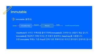 Immutable (불변성)
Immutable
ViewModel의 사이드 이펙트를 줄이기위해 Immutable을 고려하시는 분들이 계실 겁니다.
Immutable을 제공하기 위해 우리는 큰 비용이 발생하는 DeepCopy를 사용합니다.
또한 Immutable 객체는 기존 Prop와 전혀 다른 객체이므로 무조건 랜더링이 업데이트 됩니다.
Immutable ValueUpdate
Dispatch
Reducer
Notify
shouldComponentUpdate
 