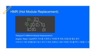 HMR (Hot Module Replacement)
Webpack의 HMR(Hot Module Replacement)는
Angular, React, VueJS에서 코드를 수정하고 저장할 때 새로고침을 할 필요 없이
더군다나 기존 상태를 잃지 않고 코드가 바로 교체되고 새로 저장한 코드를 즉시 사용할 수 있습니다.
 