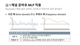 ① 1 채널 곧바로 MLP 적용
 시간 축 (time-domain) 또는 주파수 축 (frequency-domain)
Keywords: 1 채널, MLP, 곧바로, 시간축 or 주파수축, 일단 집어넣기
신호 및 분류 문제 간단 예시
시간 축
 심전도 펄스 5초로 쇼크/정상 판별하기
 주식-주가 변동 예측
주파수 축  뇌파 (δ, θ, α, β, γ) 대역별 신호로 감정/수면상태 판별하기
 