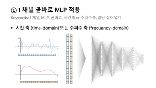 ① 1 채널 곧바로 MLP 적용
 시간 축 (time-domain) 또는 주파수 축 (frequency-domain)
Keywords: 1 채널, MLP, 곧바로, 시간축 or 주파수축, 일단 집어넣기
 