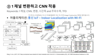  어플리케이션: 통신 IoT – Indoor Localization with Wi-Fi
③ 1 채널 변환하고 CNN 적용
Keywords: 1 채널, CNN, 변환, 시간축 and 주파수축, TFD
Wang, X. et al., (2017). CiFi: Deep convolutional neural networks for indoor localization with 5 GHz Wi-Fi. In Communications (ICC), 2017 IEEE International Conference on. IEEE.
*이 연구는 단일채널도 아니고 TFD를 활용한 것도 아니지만 Image Construction 예제로 함께 봅시다!
 