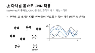 ⑥ 다채널 곧바로 CNN 적용
 무작위로 배치된 다중 센서들이 신호를 취득한 경우 (매우 일반적)
Keywords: 다중채널, CNN, 곧바로, 무작위 배치, 커널사이즈
t
x(t)
Sensor
 