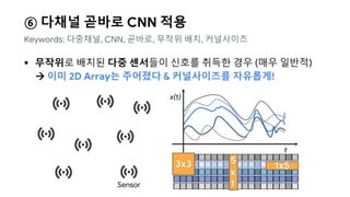 ⑥ 다채널 곧바로 CNN 적용
 무작위로 배치된 다중 센서들이 신호를 취득한 경우 (매우 일반적)
 이미 2D Array는 주어졌다 & 커널사이즈를 자유롭게!
Keywords: 다중채널, CNN, 곧바로, 무작위 배치, 커널사이즈
t
x(t)
Sensor
3x3 1x5
5
x
1
 