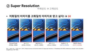  저화질의 이미지를 고화질의 이미지로 얻고 싶다!  SR
Kim, J., Kwon Lee, J., & Mu Lee, K. (2016). Deeply-recursive convolutional network for image super-resolution. In Proceedings of the IEEE conference on computer vision and pattern
recognition (pp. 1637-1645).
② Super Resolution
저해상도  고해상도
 