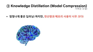 ③ Knowledge Distillation (Model Compression)
 엄청나게 좋은 딥러닝! 하지만, 연산량과 메모리 사용이 너무 크다!
가벼운 모델!
 