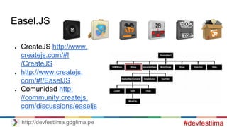 Easel.JS
● CreateJS http://www.
createjs.com/#!
/CreateJS
● http://www.createjs.
com/#!/EaselJS
● Comunidad http:
//community.createjs.
com/discussions/easeljs
#devfestlimahttp://devfestlima.gdglima.pe
 
