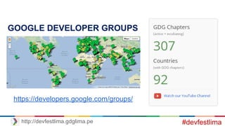 #devfestlimahttp://devfestlima.gdglima.pe
GOOGLE DEVELOPER GROUPS
https://developers.google.com/groups/
 