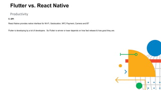 Flutter vs. React Native
Productivity
5. API
React Native provides native interface for Wi-FI, Geolocation, NFC Payment, Camera and BT
Flutter is developing by a lot of developers. So Flutter is winner or loser depends on how fast release & how good they are.
 