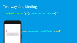 android:text=“@={presenter.authCode)}”
Two-way data binding
OK
1234
OK
presenter.authCode = “1234”
 