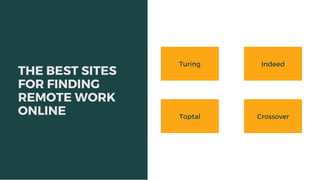 THE BEST SITES
FOR FINDING
REMOTE WORK
ONLINE
Turing
Toptal
Indeed
Crossover
 