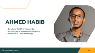 GDG Hargeisa - Harhub 02
Developer & DBA at Telesom Co.
Co-Founder - CTO at Bluutek Solutions
Instructor at Tiigsi Technol...